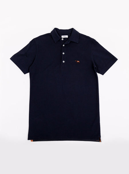 Flat lay of men's navy blue polo shirt in 100% cotton with Newmarket 875 horse logo embroidered on the front.